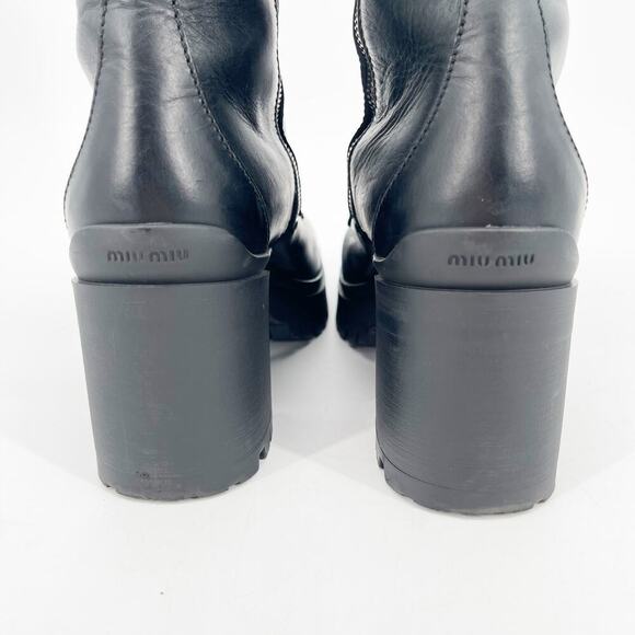 Miu Miu Black Military Combat Square Toe Chunky Block Heel Lug Sole Boot IT 40 - Picture 9 of 13